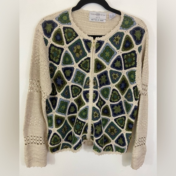 Vintage Sweaters - Vintage Y2K Granny Square Cardigan Sweater Crocheted M Petite Boho Cottagecore